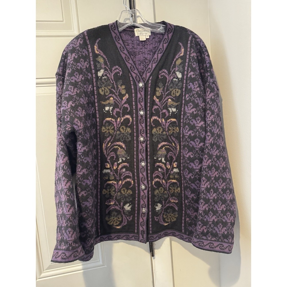 Vintage Cherry Lewis Wool Nordic Cardigan Sweater Womens Size 1x Purple Floral